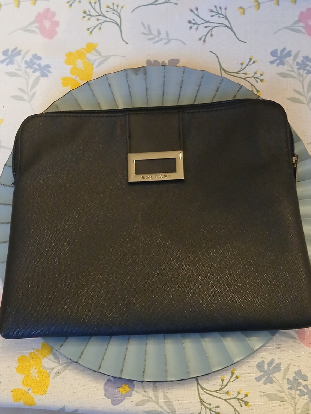 Bulgari Black Clutch Travel Case, Makeup Bag, Zip Pouch with Silver Logo Plaque
